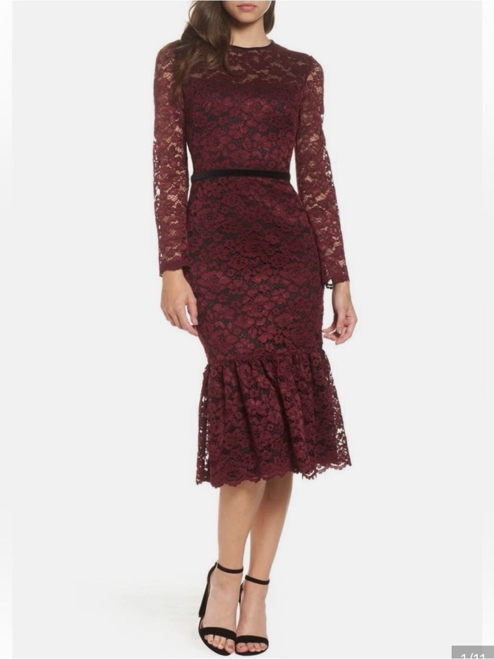 Maggy London Burgundy Lace Long-Sleeve Midi Dress